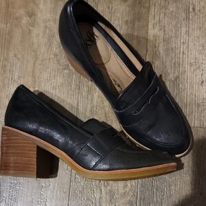 Black Leather Block Heel Loafers